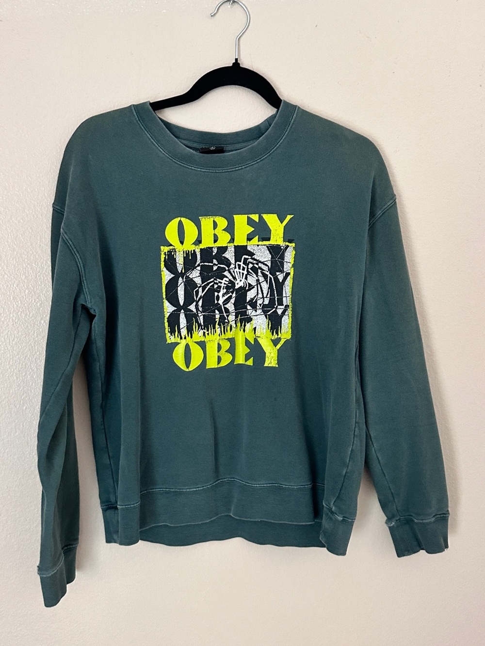 Obey Men's Teal Crewneck Sweatshirt with Neon Yellow Graphic
